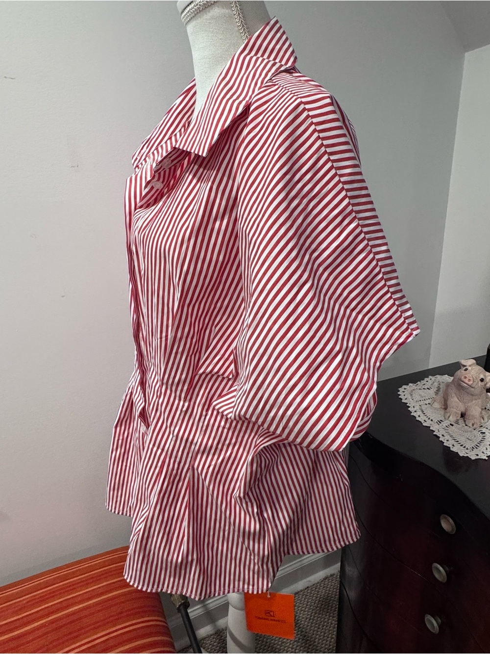 Red & White Striped Button Down Blouse - Picture 2 of 10